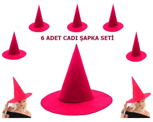 Pembe Fuşya Renk Keçe Cadı Şapkası Yetişkin Çocuk Uyumlu 6 Adet