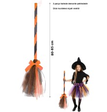 Turuncu Cadı Süpürgesi - Halloween Siyah Fiyonklu Tüllü Cadı Süpürgesi 80-85 Cm