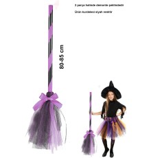 Pembe Cadı Süpürgesi - Halloween Siyah Fiyonklu Tüllü Cadı Süpürgesi 80-85 cm