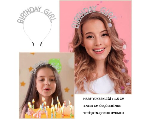 Kristal Taşlı Gümüş Birthday Girl Yazılı Doğum Günü Parti Tacı 19x11 cm