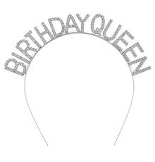 Gümüş Renk Kristal Taşlı Parlak Birthday Queen Yazılı Kraliçe Taç 16x17 Cm
