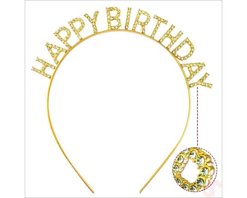 Altın Gold Renk Kristal Taşlı Parlak Happy Birthday Taç 16x17 cm