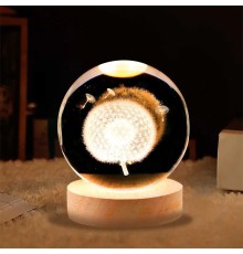 Dekoratif Karahindiba Tasarımlı Ahşap Altlıklı Işıklı Cam Küre Büyük Boy Cam 8 Cm Mz4-2301